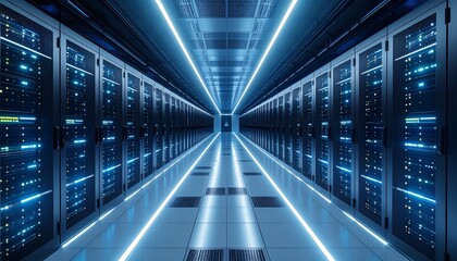 Obraz premium Cinematic bird’s-eye 3D view of futuristic data center hall, symmetrical glowing server racks with neon lights, drone-like dramatic perspective and modern design.
