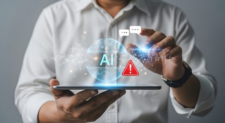 Man interacts with glowing AI sphere on tablet, highlighting digital network and warning symbol for cybersecurity concerns