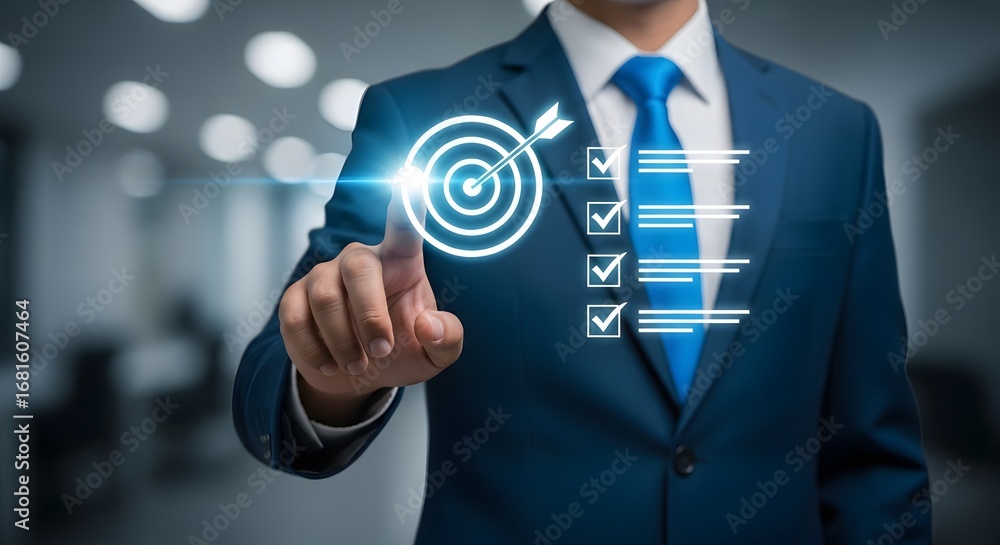 Poster professional businessman achieving goals, checking tasks on a digital checklist with glowing target 