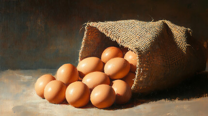 A burlap sack tipped over spilling eggs onto a surface in soft lighting