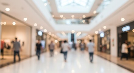 A blurred indoor view of a shopping mall featuring people store fronts and overhead lighting