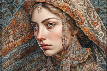 The digital illustration in the hyperrealistic style depicts a girl with bright blue eyes, dressed in a richly decorated traditional outfit.  