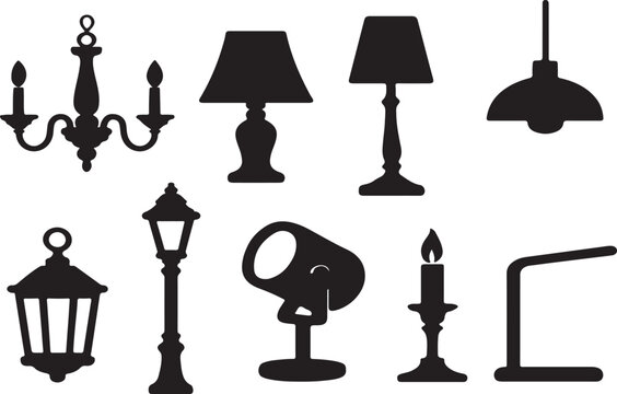 Set of Lighting Silhouettes &ndash; Vector Icons Featuring Lamps, Chandeliers, Ceiling Lights, Desk Lamps & Lanterns