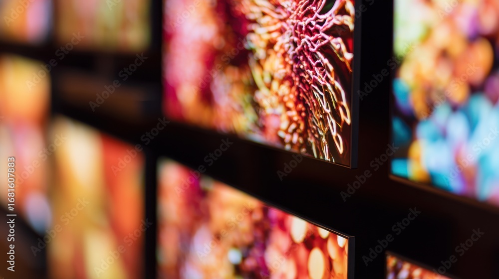 Poster close medium shot featuring a qled television display wall emphasizing the vibrant brightness and ri