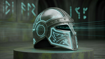 Fototapeta premium Futuristic viking helmet with glowing runes and intricate metal design