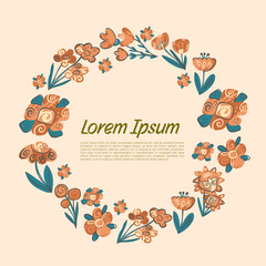 Floral Wreath Frame with Hand Drawn Flowers and Text Placeholder &ndash; Folk Style Design