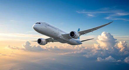 Obraz premium Airplane flying through clouds at sunset.