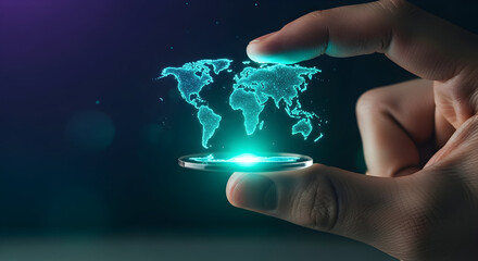 A hand gently holds a futuristic transparent disc displaying a glowing digital world map, symbolizing global connectivity and technological advancement.