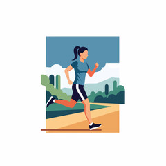 Woman Running on a Path with a City Park Background.