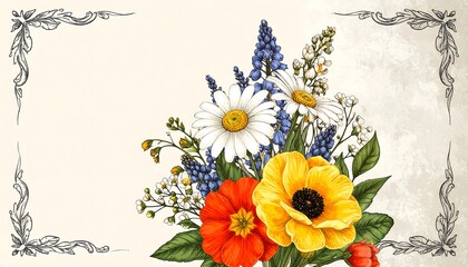 Vintage-styled floral bouquet illustration, featuring daisies, poppies, and grape hyacinths within an ornate frame on a textured background