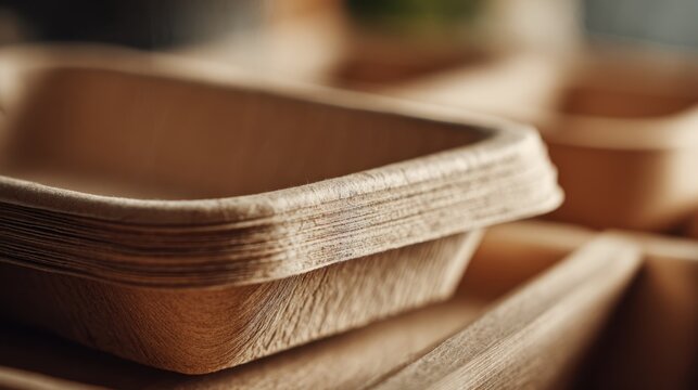 Closeup of compostable packaging cradling ecofriendly wooden furniture sharp details on texture with a softly blurred background highlighting sustainable delivery.