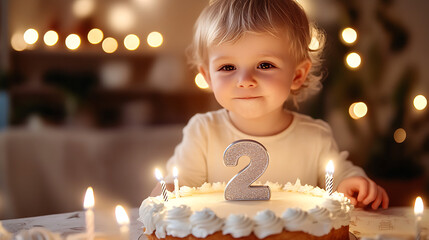 A toddler smiles next to a birthday cake with a number two candle on it