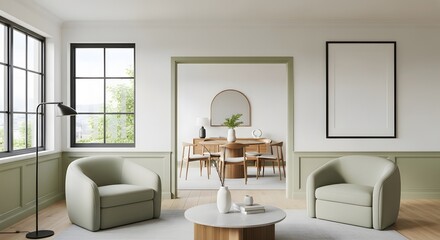 Fototapeta premium Serene living room with modern furniture, natural light streaming through large windows, and a glimpse into a stylish dining area, perfect for interior design inspiration.