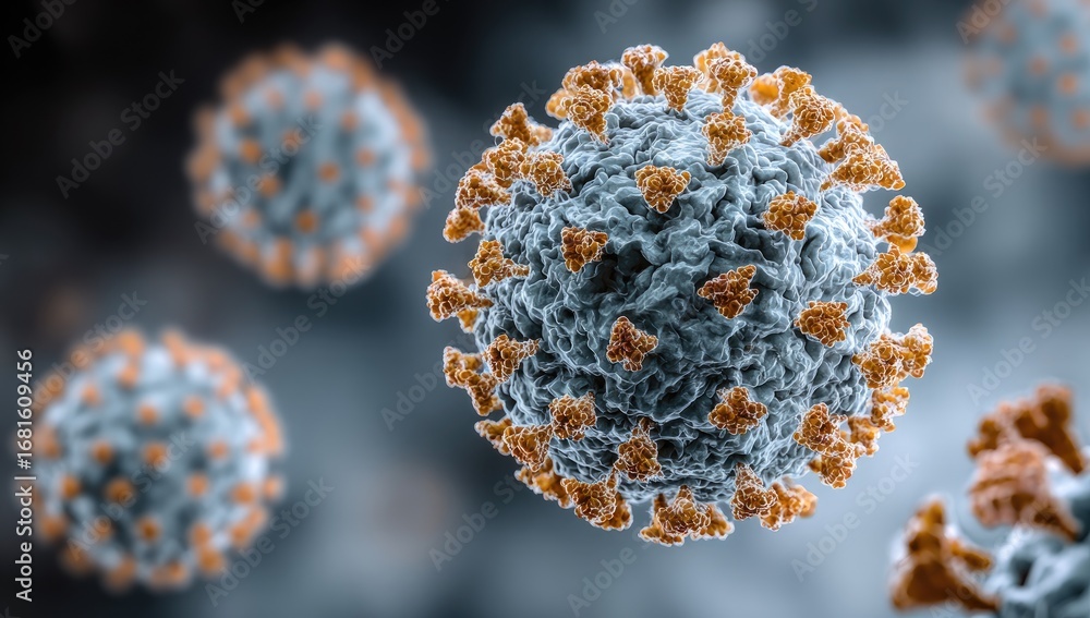 Poster close-up view of a virus particle, showcasing complex structures and intricate details.