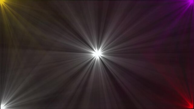 Abstract loop center flickering glow white star optical shine light lens flares animation on black background. seamless loop dynamic kinetic bright star light rays effect.  Stock video with bright fla