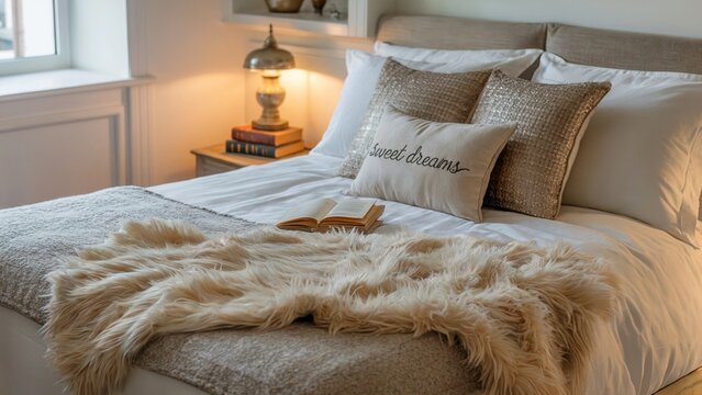 Cozy guest bedroom with soft lighting and decorative pillows, conveying comfort and relaxation.