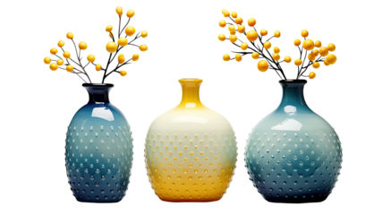 Three polka dotted vases with two blue and one yellow decorative pottery illustration on white background
