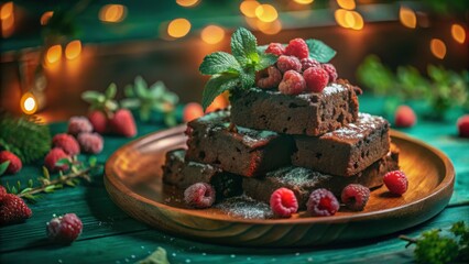Decadent chocolate brownies stacked high garnished with fresh raspberries and mint a festive holiday treat