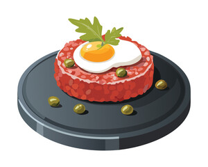 Fresh steak tartare with raw egg yolk and capers, a classic gourmet dish on a gray plate - Vector Illustration