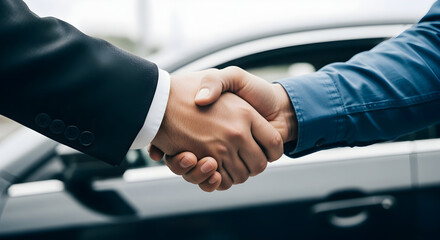 Successful car dealership handshake, a deal is sealed between buyer and salesman, signifying trust and a new car purchase.