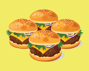 Set of classic cheeseburgers with cheese, lettuce, and tomatoes on a sesame seed bun - Vector Illustration