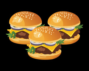 Three juicy cheeseburgers with melted cheese, fresh lettuce, and tomatoes on a sesame seed bun, a classic meal - Vector Illustration