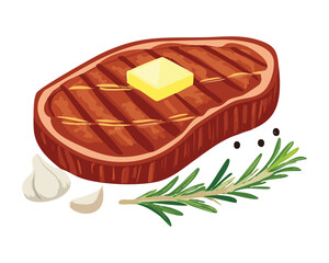 Mouthwatering grilled ribeye steak with a melted pat of butter and a sprig of fresh rosemary and peppercorns - Vector Illustration