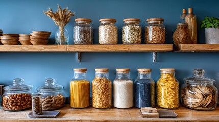 Organized pantry display with food jars