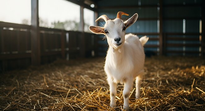 Adorable white goat in a rustic barn illuminated by sunlight, creating a charming farm scene - Powered by Adobe
