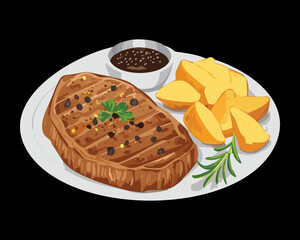 Delicious grilled steak with golden French fries and a side of a savory sauce, a perfect classic dinner - Vector Illustration