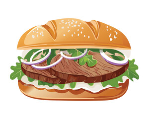 Savory steak sandwich on a toasted bun with fresh tomato, red onion, and melted cheese, a classic favorite - Vector Illustration