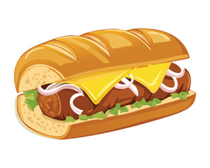 Hearty sub sandwich with melted cheese, steak, and fresh lettuce, a perfect lunch choice - Vector Illustration