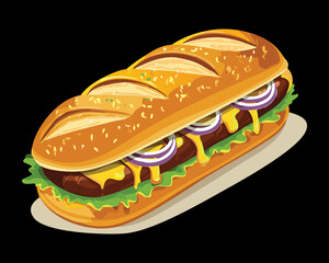 Hearty submarine sandwich with steak, onions, and melted cheese, a filling and tasty lunch - Vector Illustration