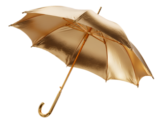 Open Golden Umbrella with Curved Handle metallic shiny isolated on a transparent background