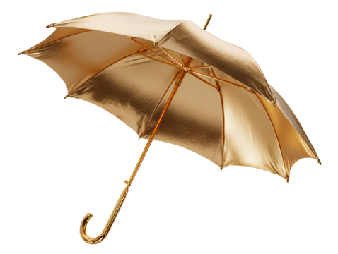 Open Golden Umbrella with Curved Handle metallic shiny isolated on a transparent background
