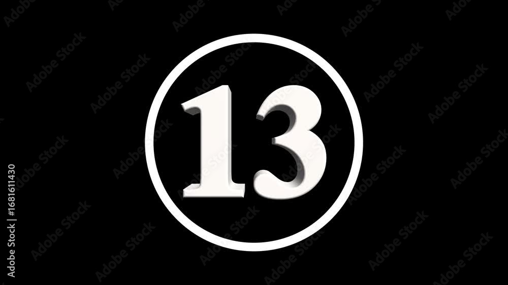 Poster abstract 13 number. educational mathematics 13 text animation on black background. 4k motion graphic
