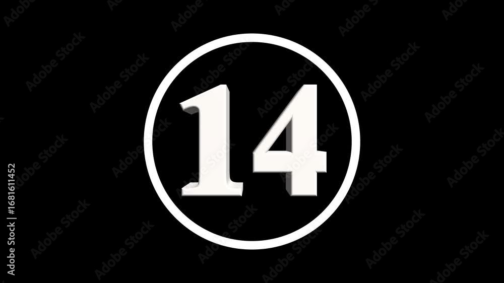 Poster abstract 14 number. educational mathematics 14 text animation on black background. 4k motion graphic