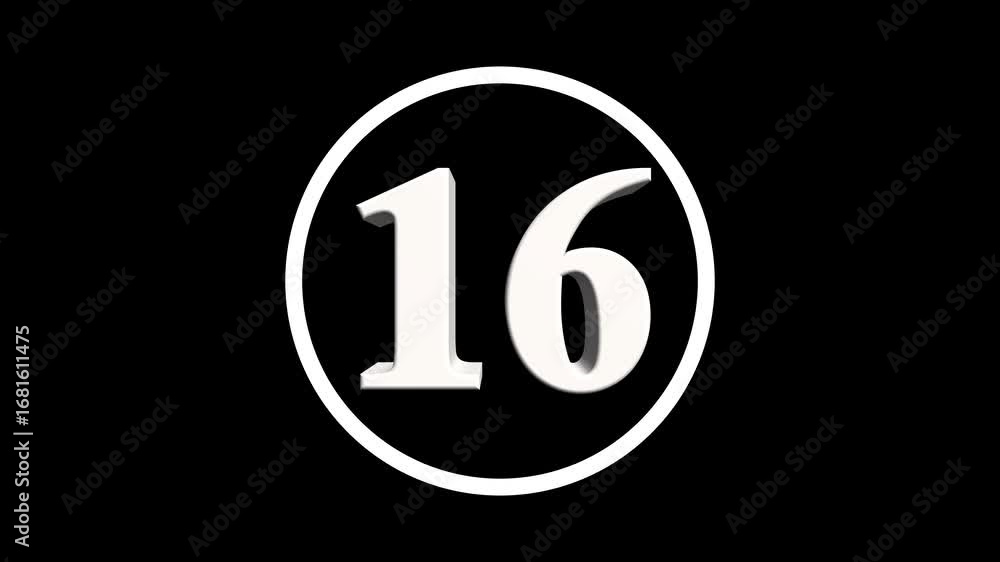 Poster abstract 16 number. educational mathematics 16 text animation on black background. 4k motion graphic