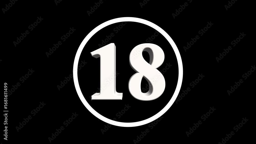 Poster abstract 18 number. educational mathematics 18 text animation on black background. 4k motion graphic