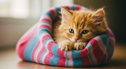Adorable orange kitten relaxing in a cozy bed.