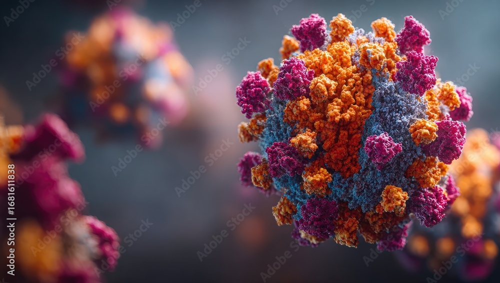 Poster detailed close-up view of a virus particle, showcasing intricate structures and vibrant colors again