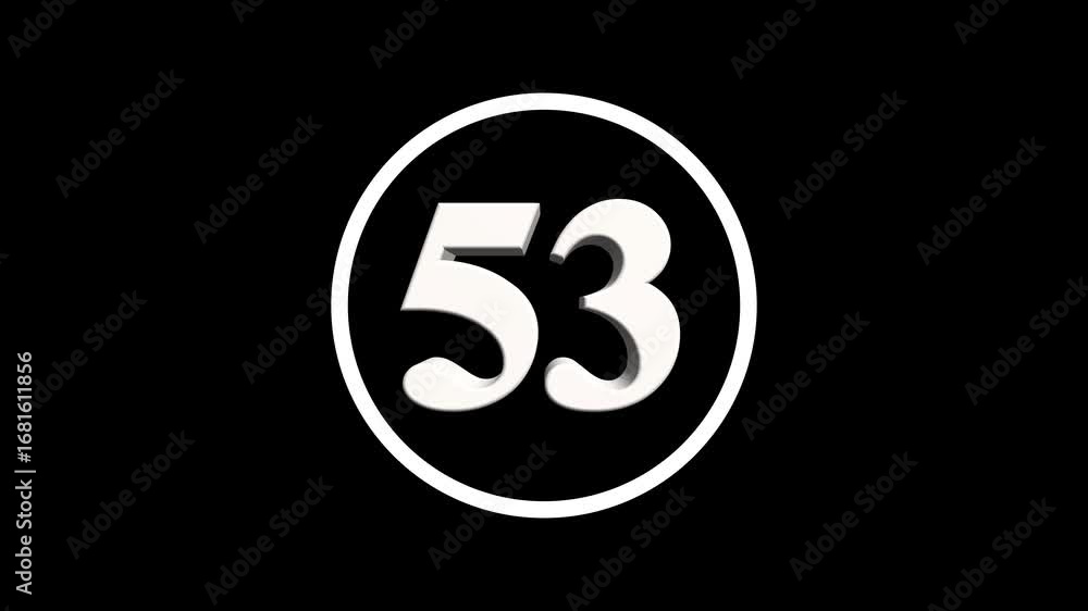Poster abstract 53 number. educational mathematics 53 text animation on black background. 4k motion graphic
