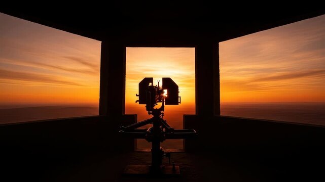 Silhouette of vintage camera obscura with stunning orange sunset sky, panoramic view.