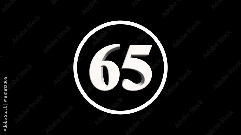 Poster abstract 65 number. educational mathematics 65 text animation on black background. 4k motion graphic