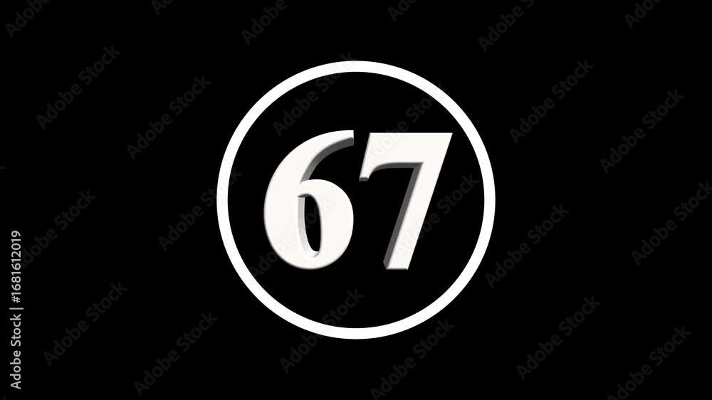 Poster abstract 67 number. educational mathematics 67 text animation on black background. 4k motion graphic