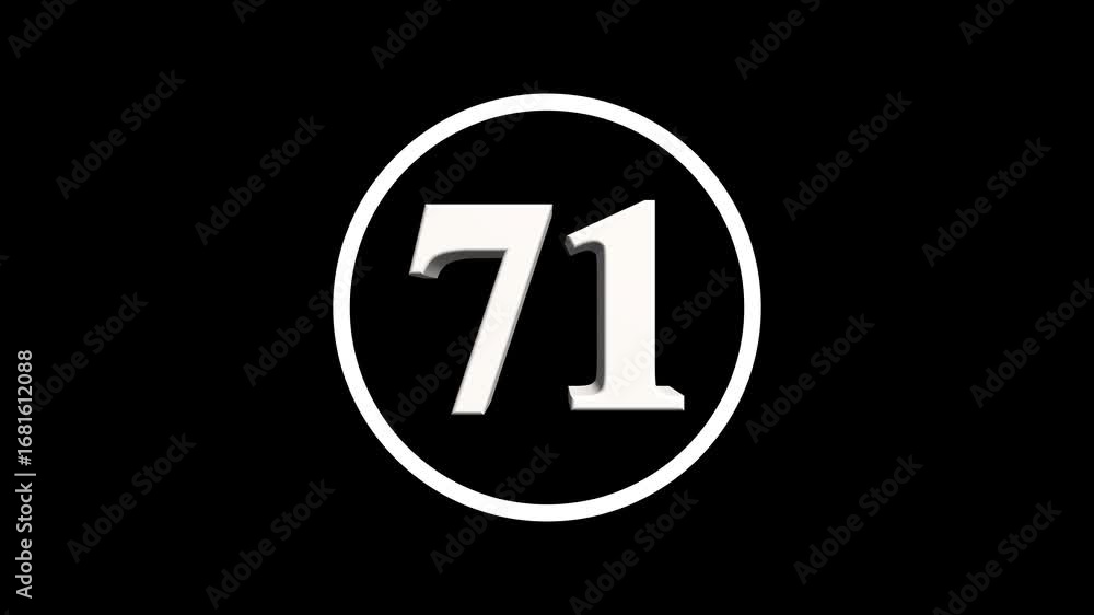 Poster abstract 71 number. educational mathematics 71 text animation on black background. 4k motion graphic