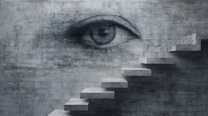 Eye on the wall with stairs leading up artistic concept and surreal architecture