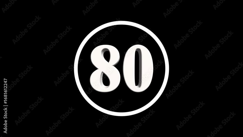 Poster abstract 80 number. educational mathematics 80 text animation on black background. 4k motion graphic