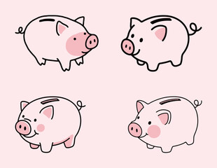A set of four adorable piggy bank illustrations in different poses, featuring a soft pink color palette and playful, hand-drawn style for financial and savings concepts.