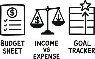 Financial Management Icons: Budget, Income vs Expense, Goal Tracker